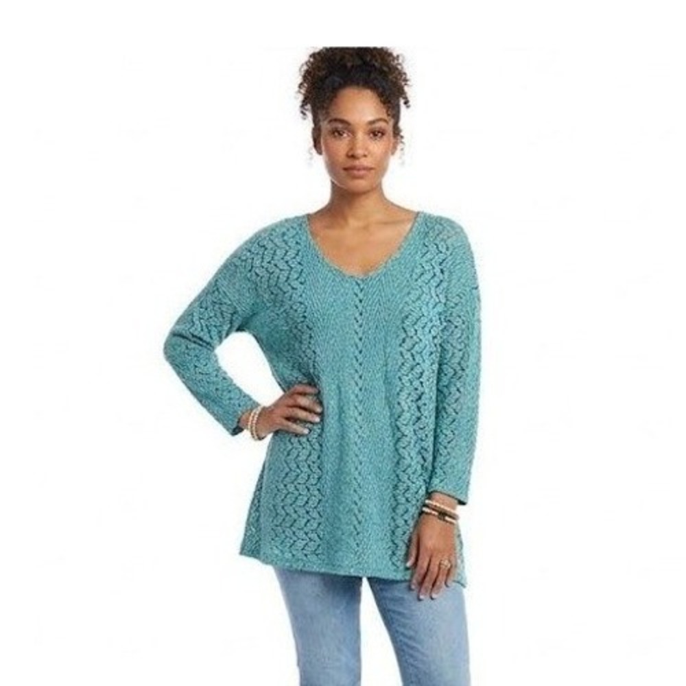 Habitat Crinkle Knit Tunic XL Turquoise Black V-Neck Long Sleeve Textured Top